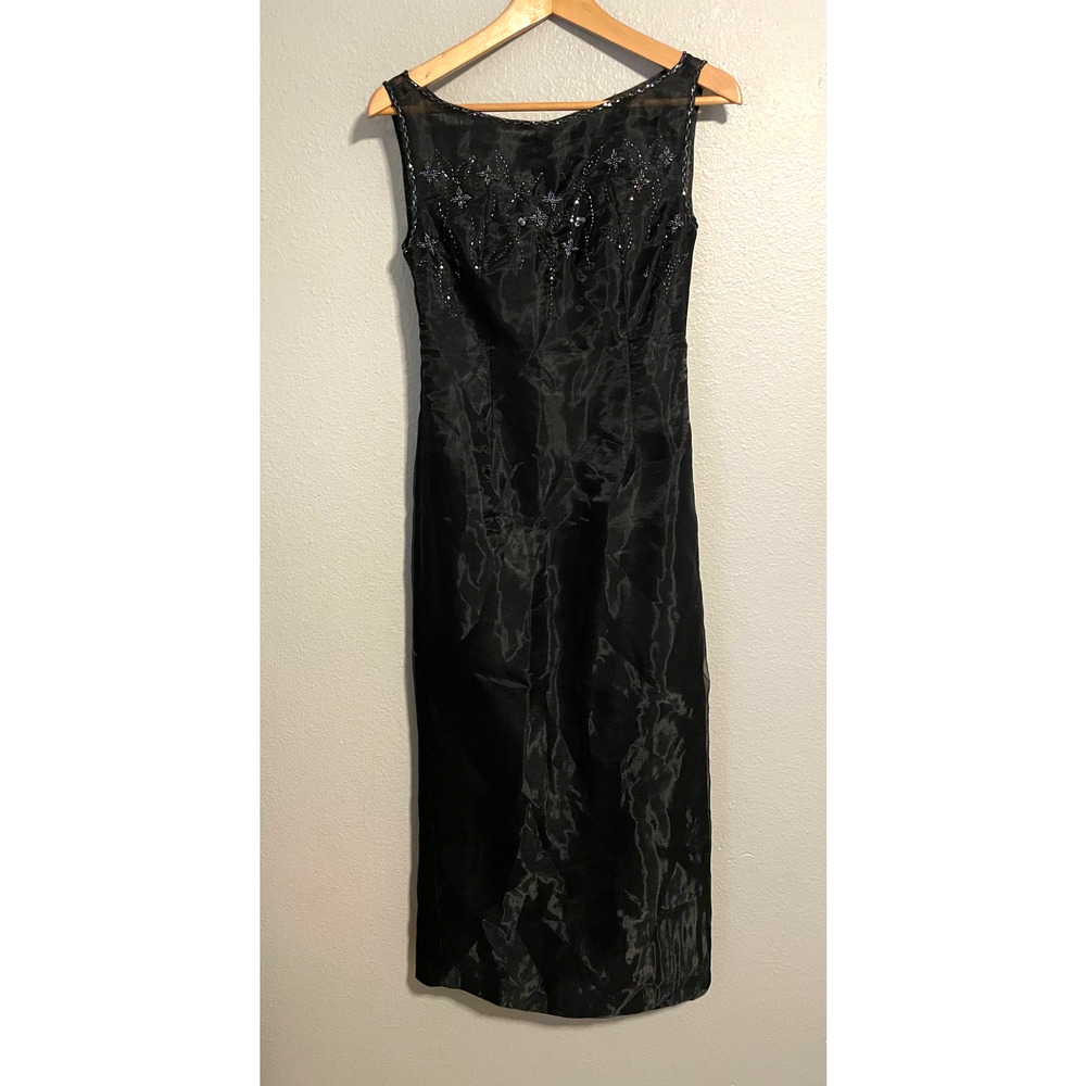 Vintage Dress Womens Medium Black Chiffon Floral Beaded Whimsigoth Fairy 90s